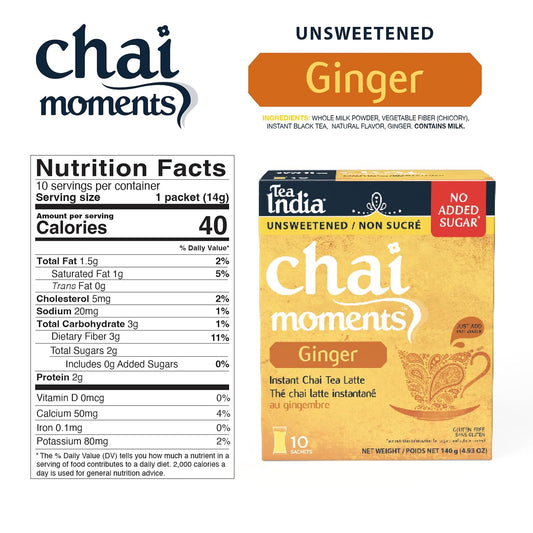 Tea India Chai Moments Ginger Chai No Sugar Instant Latte Powder, 6 Pack