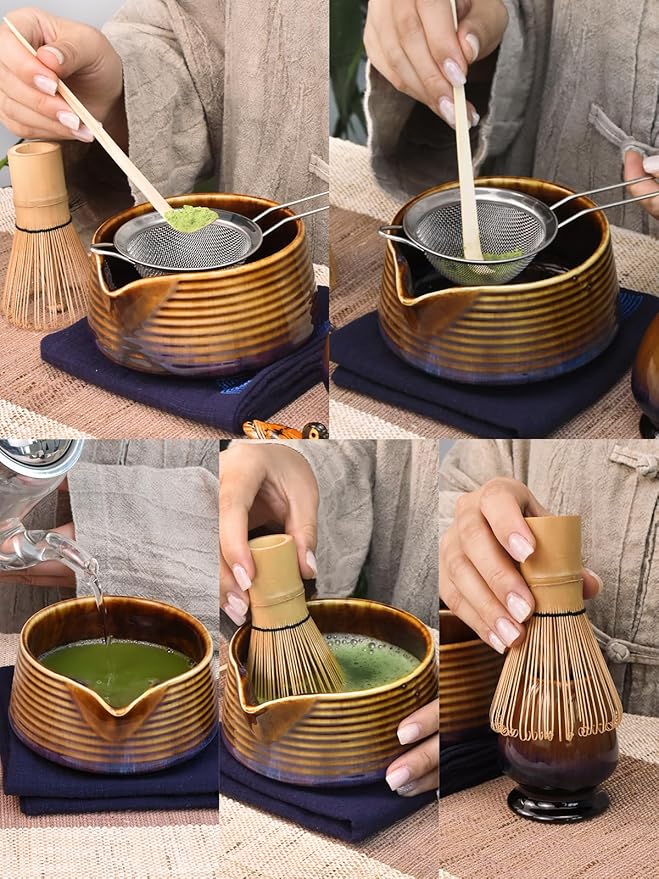 Artcome Matcha Tea Set – Japanese Matcha Kit with Bamboo Whisk, Pouring Spout Bowl, Scoop, Sifter, Holder & Manual