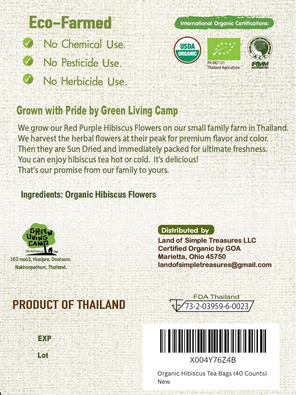Organic Hibiscus Tea Bags 40 Count | Rare Variety Thai Red Purple Hibiscus Loose Flowers in Unbleached Sachets | Small Lot Eco-Farmed