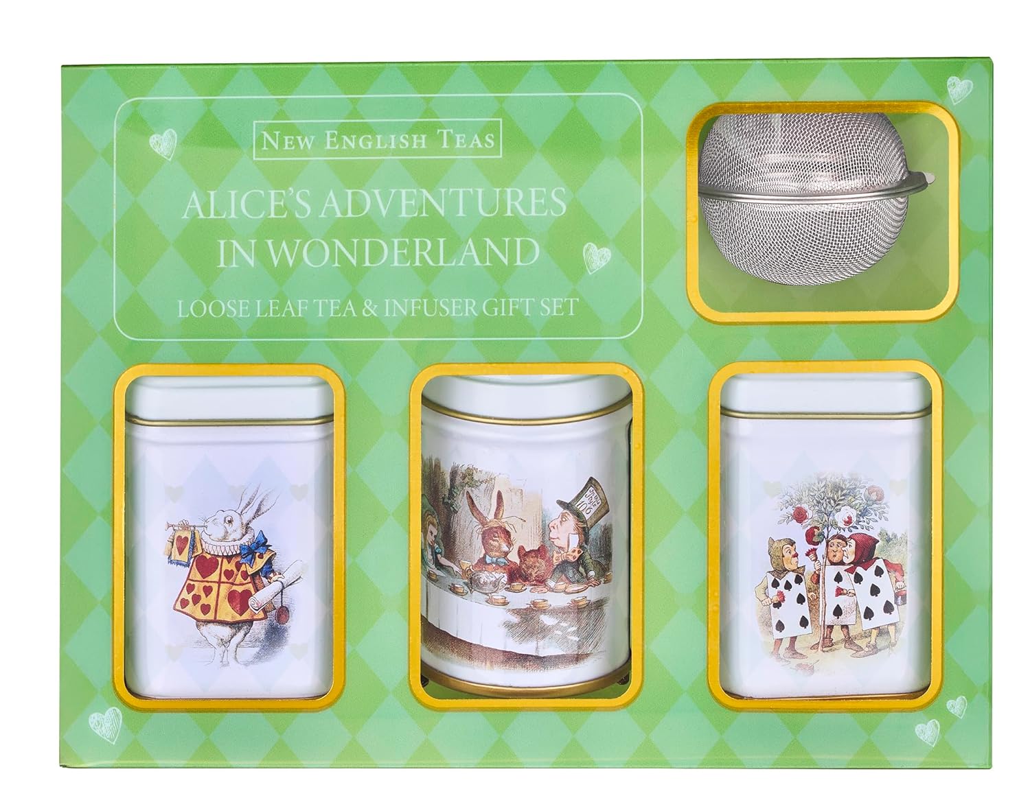 New English Teas Loose Leaf Tea & Infuser Gift Set – 3 Alice in Wonderland Tins with Breakfast, Earl Grey & Afternoon Blends with Loose Tea Infuser