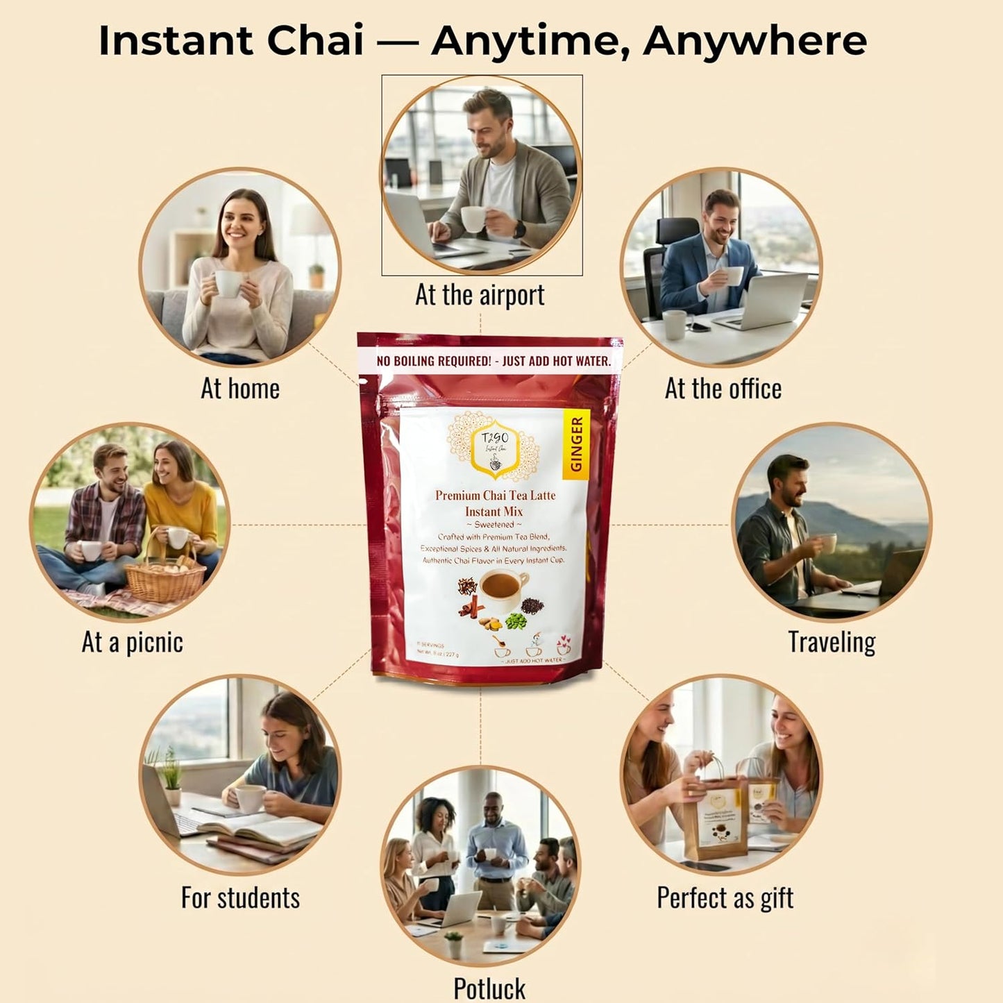 T2GO Instant Ginger Chai Latte Powder – Authentic Indian Chai Tea Mix | Low Sugar | Instant Chai Latte