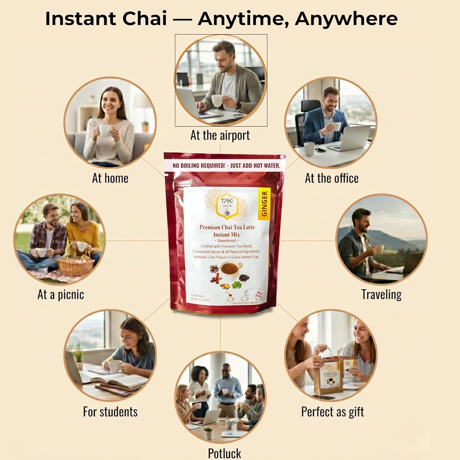 T2GO Instant Ginger Chai Latte Powder – Authentic Indian Chai Tea Mix | Low Sugar | Instant Chai Latte