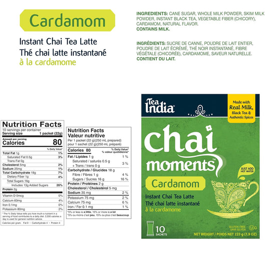 Tea India Chai Moments Cardamom Chai Instant Latte Powder, 10 Packets