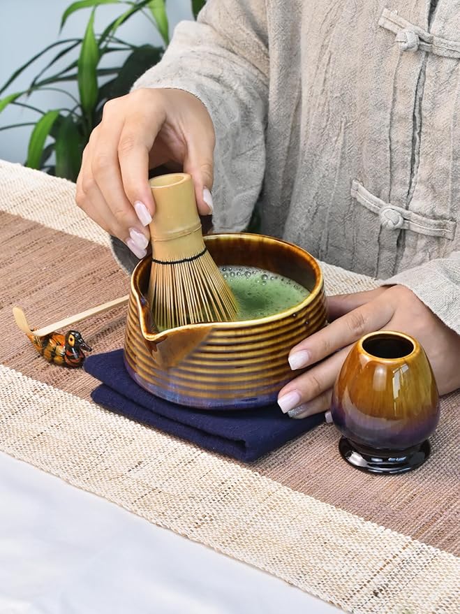 Artcome Matcha Tea Set – Japanese Matcha Kit with Bamboo Whisk, Pouring Spout Bowl, Scoop, Sifter, Holder & Manual