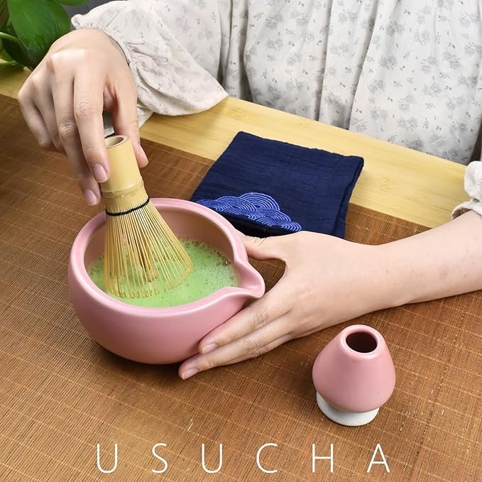 Artcome 7 Pcs Complete Matcha Ceremony Kit for Tea Ceremony, Bowl with Pouring Spout, Whisk, Tea Scoop, Matcha Powder Strainer, Matcha Tea Set For Making Usucha, Koicha and Matcha Latte (Pink)