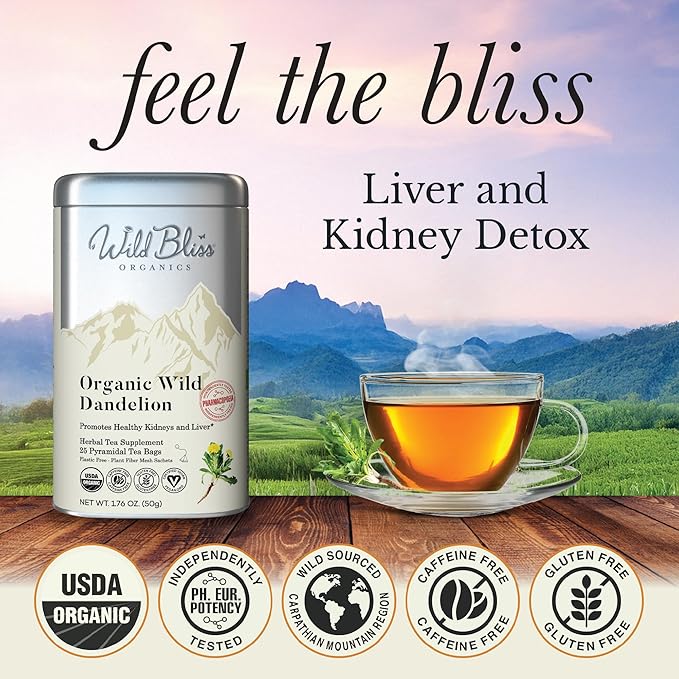 Wild Bliss Organic Wild Raw Dandelion Root Tea - Pharmacopoeia Quality Caffeine Free Herbal Detox Support - 25 Plant Based Tea Bags