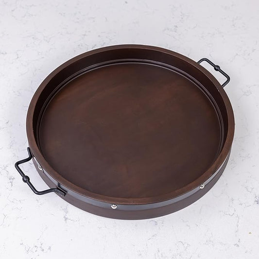 20" Extra Large Round Ottoman Tray, Heavy Duty Mango Wood, for Serving Tea, Breakfast in Bed, Living Room Large Coffee Table Tray Rustic with Farmhouse Style, Decorative Handles and Accent Strap