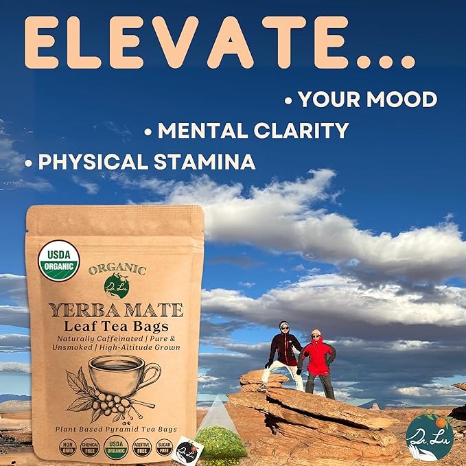 Dr. Lu’s Organic Yerba Mate Tea (Unsmoked) | High-Altitude Grown in Argentina | Naturally Caffeinated Clean Energy & Focus | 30 x 3g Vitality Brew Corn Fiber Pyramid Bags (No Plastic, No Nylon)