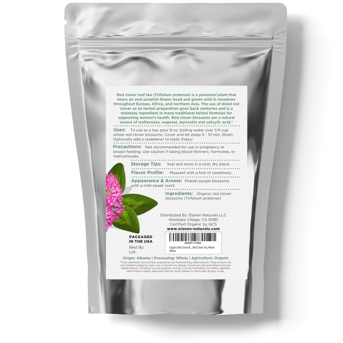 Elanen Naturals Organic Red Clover Blossoms 2 oz. (57g), USDA Certified Organic Red Clover Blossom Tea, Whole
