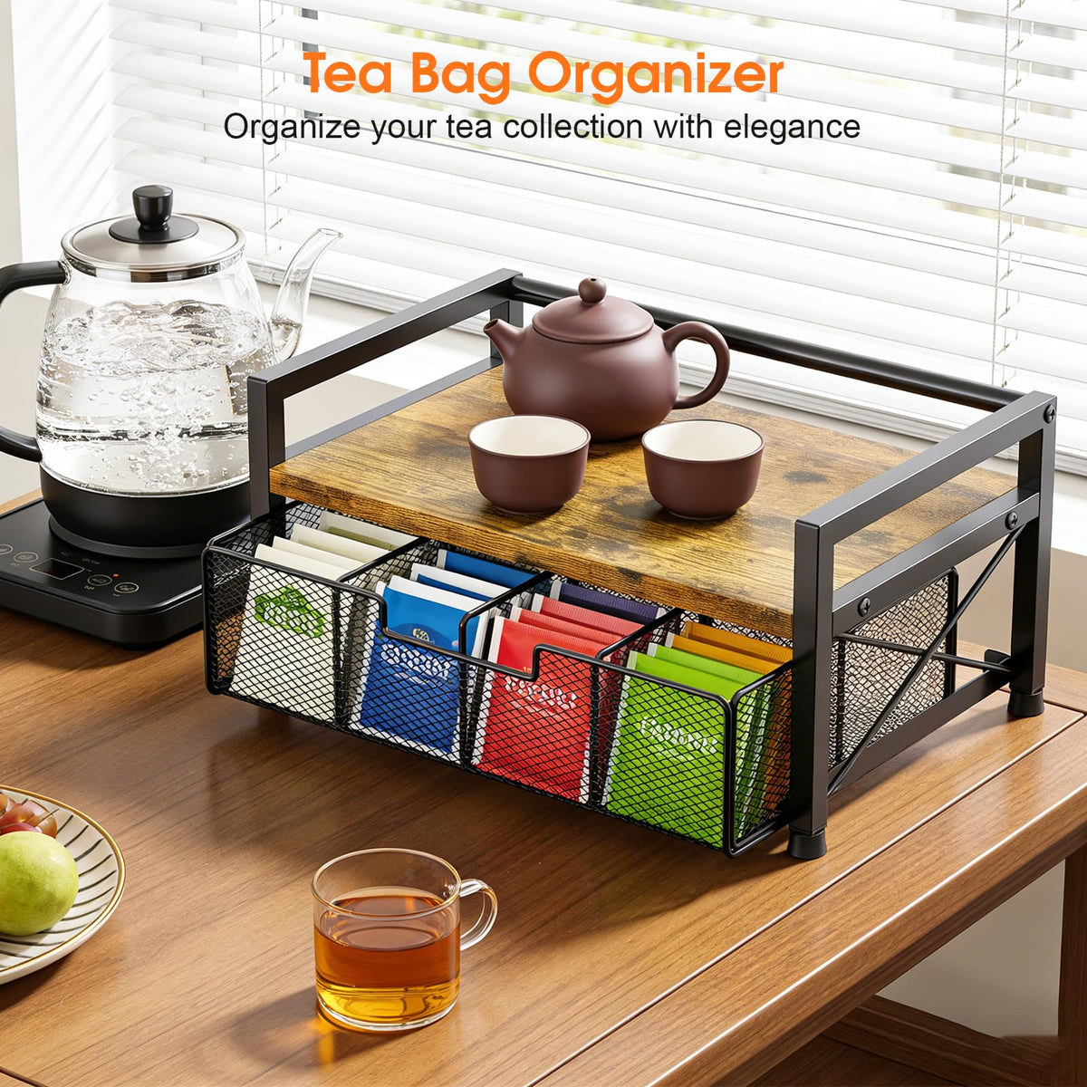 ZssHappy Tea Bag Organizer, Tea Organizers and Storage with 8 Compartments & Drawer, Wooden Metal Tea Bag Holder for
