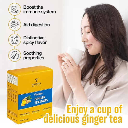 VINAREEN Ginger Tea Bags - 50 Tea Bags - Made from 100% Pure Ginger Root [Handpick & Spicy] - Te De Jengibre Natural - Supports Healthy Digestion - Caffeine Free, Sugar Free, Vegan, No Additives