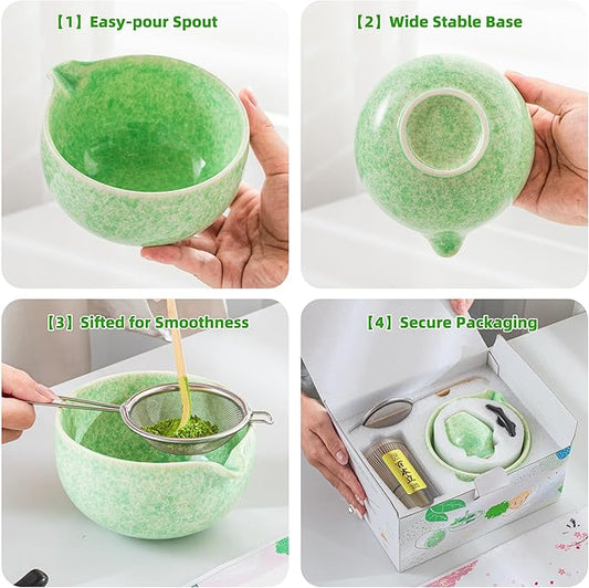 Teanagoo Matcha Whisk Set,7 Pcs Matcha Set Green,Ceremony Matcha Kit,Matcha Tea Set for Making Latte,Ceramic Bowl(chawan) whith Spout and Whisk