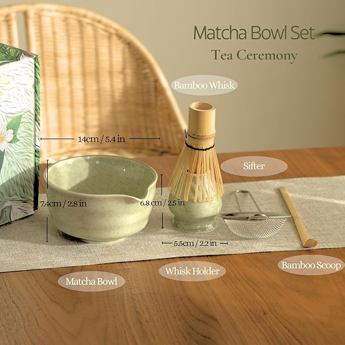Matcha Whisk Set, Matcha Set, Handcrafted Bamboo Chasen & Ceramic Bowl Matcha Kit, 5 Pcs Matcha Set Whisk and Bowl with Stainless Steel Sifter