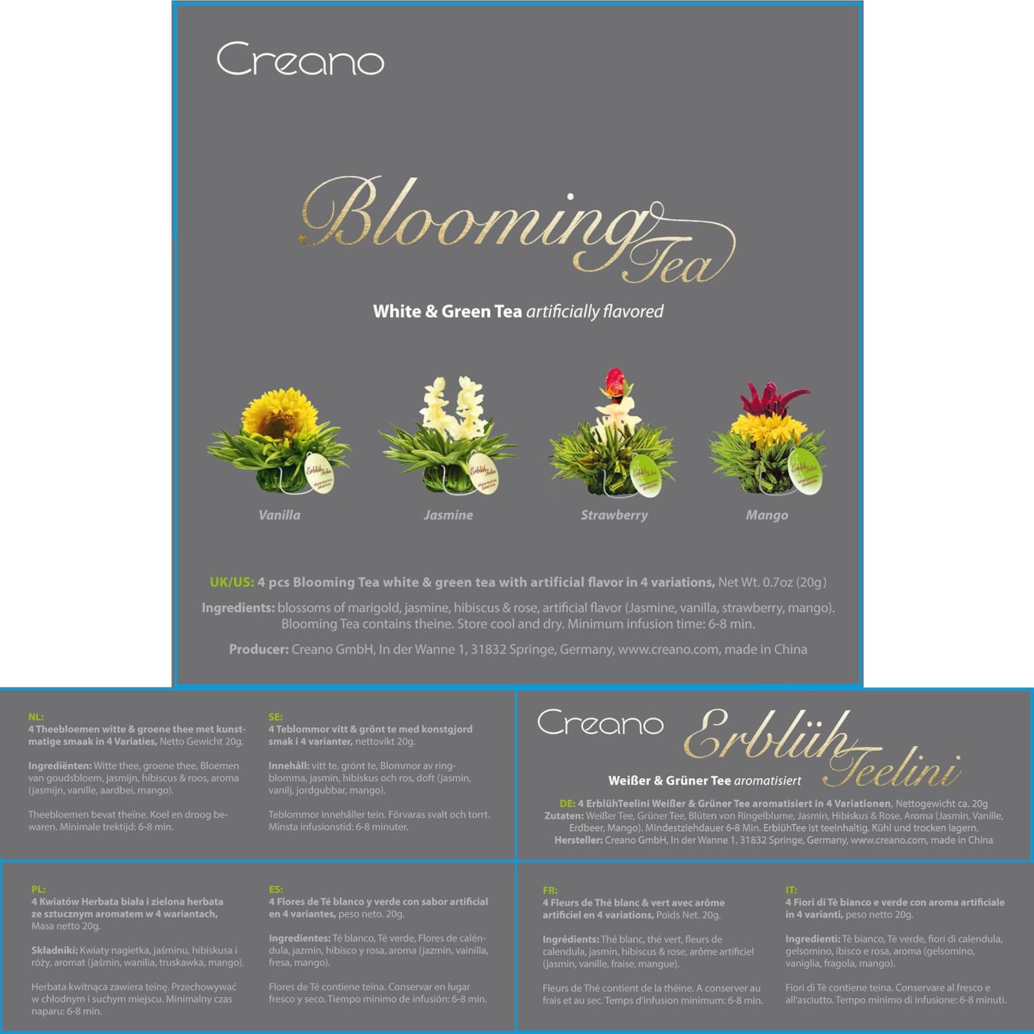 Creano 4 tea Flowers in elegant Gift Box - Blooming Tea White & Green Tea in Cup Size