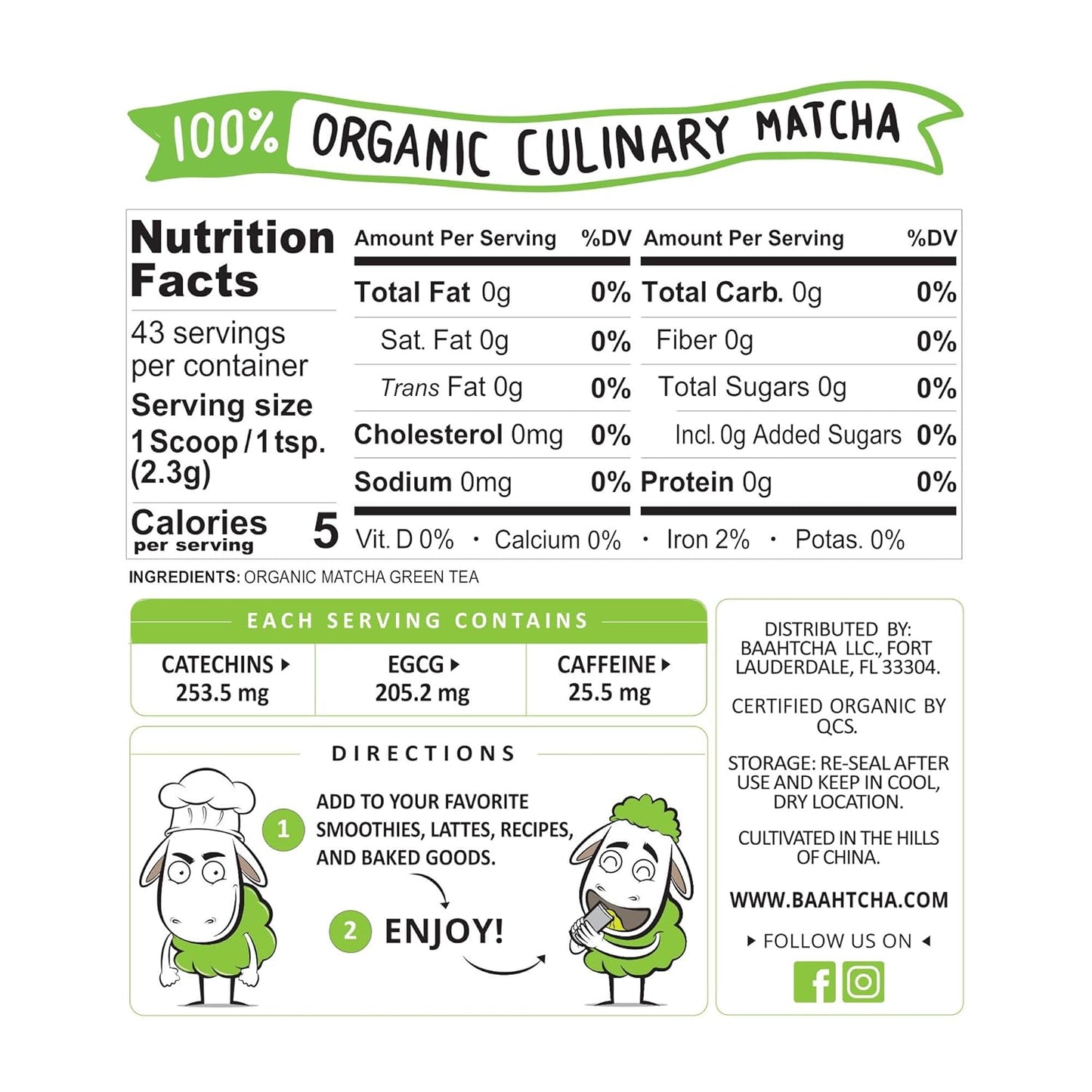 Baahtcha - USDA Organic Matcha Green Tea Powder - Premium Culinary Grade Natural Caffeine Energy Booster, Antioxidant, Kosher, Keto Friendly, Vegan - 100g
