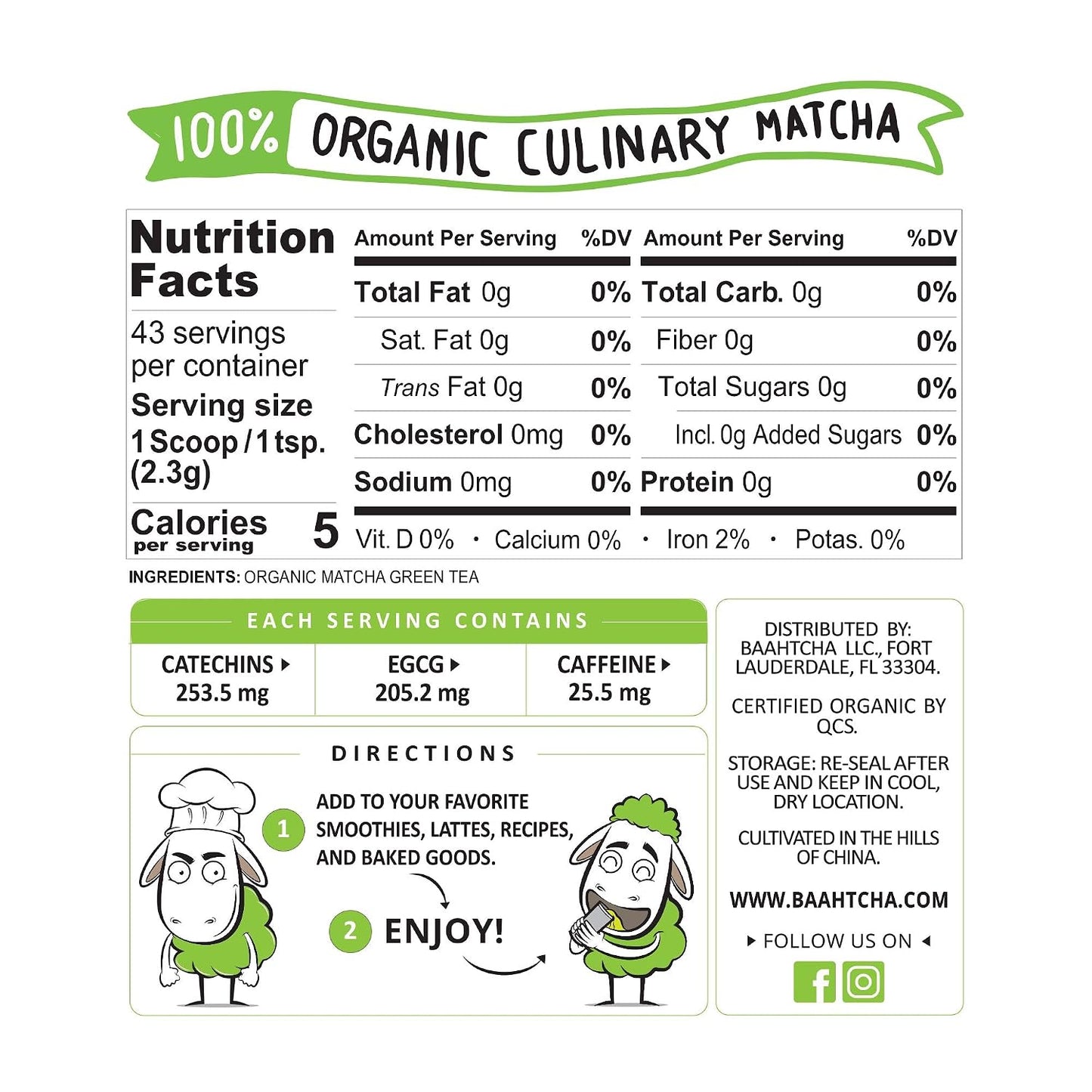 Baahtcha - USDA Organic Matcha Green Tea Powder - Premium Culinary Grade Natural Caffeine Energy Booster, Antioxidant, Kosher, Keto Friendly, Vegan - 100g