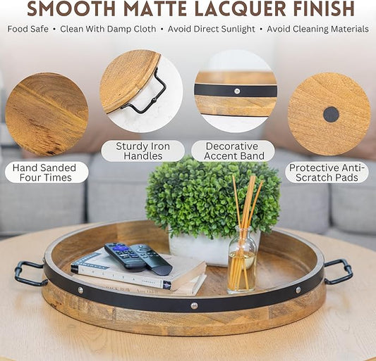 20" Extra Large Round Ottoman Tray, Heavy Duty Mango Wood, for Serving Tea, Breakfast in Bed, Living Room Large Coffee Table Tray Rustic with Farmhouse Style, Decorative Handles and Accent Strap