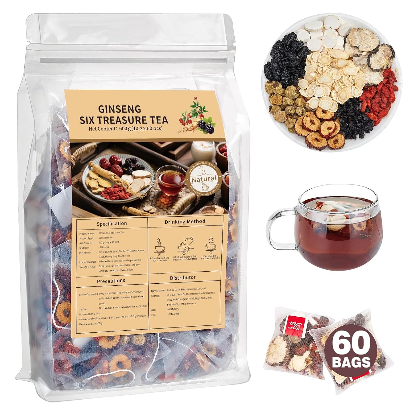 Kidney Tea Formula Ginseng Six Treasure Tea, Ginseng &amp; Mulberry Herbal Tea, Kidney Cleanse Detox &amp; Repair, Traditional Chinese Herbal Tea Bags, Five Treasures Teas For Men Women (60 Bags/1 Pack)