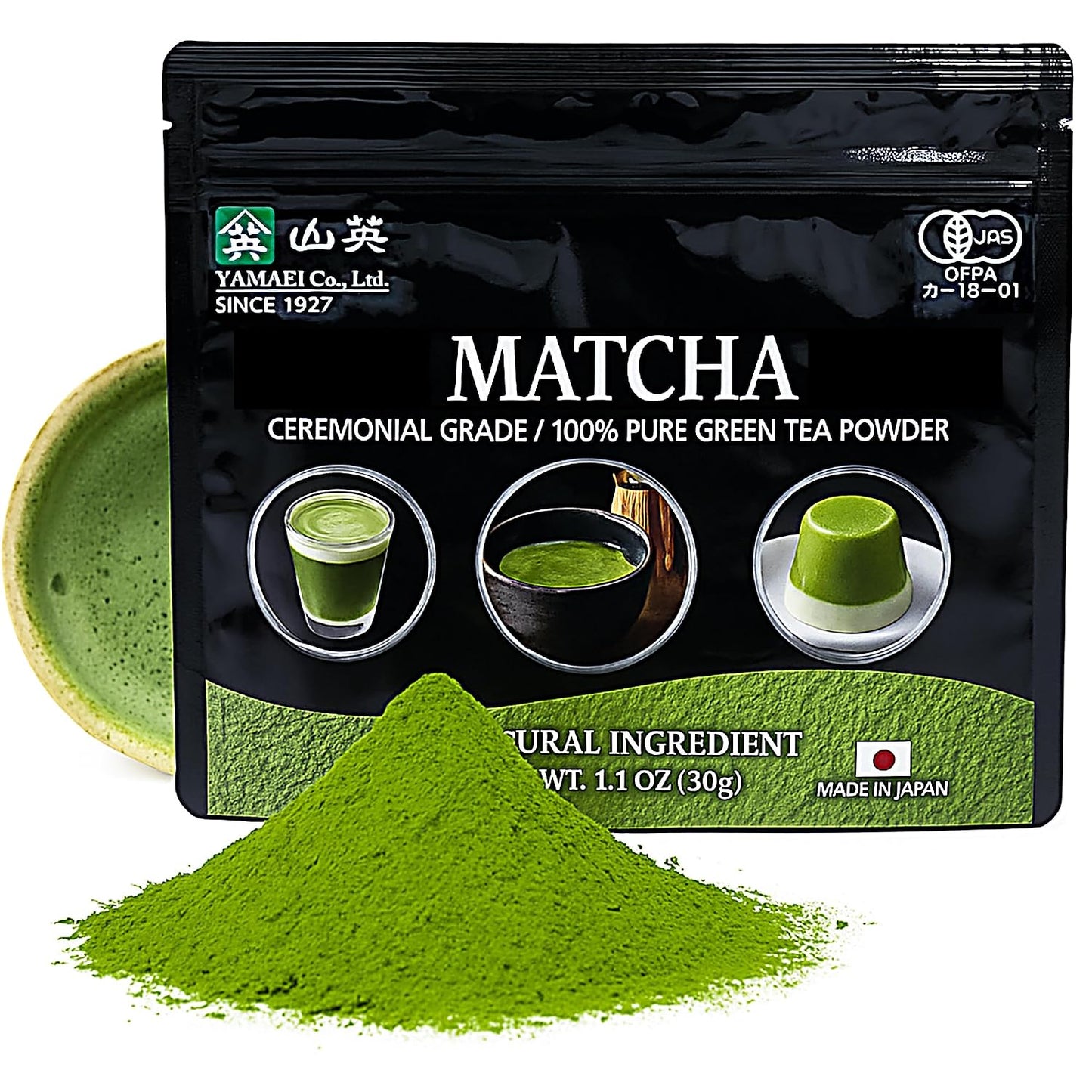 YAMAEI, Matcha Powder, Ceremonial Grade, 1.1oz, Japanese Green Tea, First Harvest, Use for Drinking, Latte