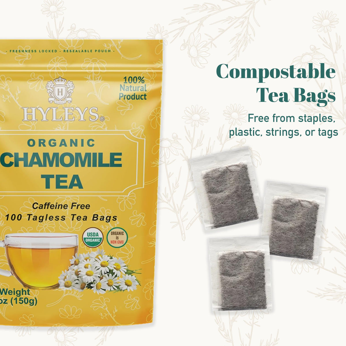 Hyleys Chamomile Tea Organic, Caffeine Free Herbal Tea, 100 Tea Bags