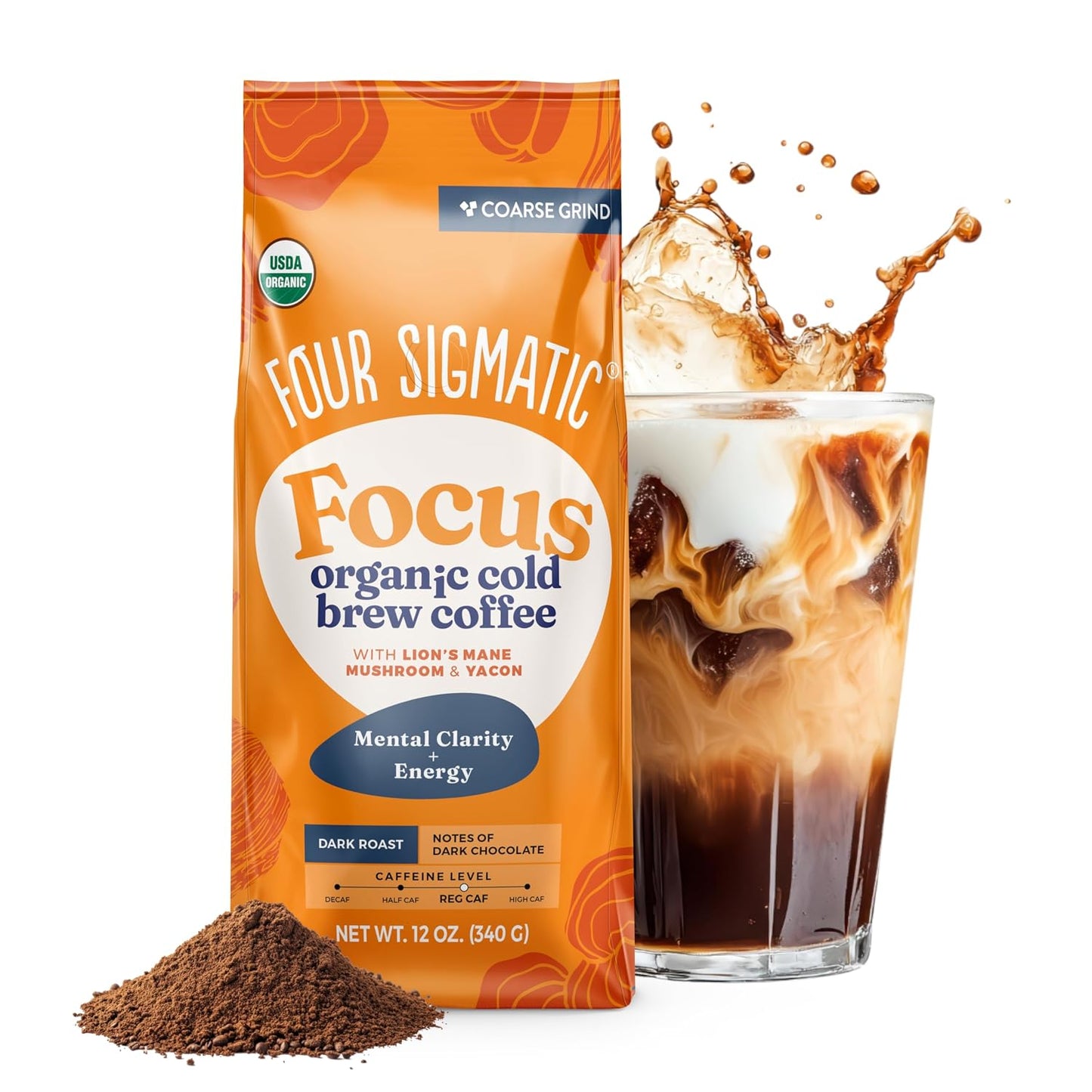 Four Sigmatic Organic Cold Brew Coffee Grounds | Dark Roast, Coarse Grounds with Lion's Mane and Chaga | Cold Brew Mushroom Coffee for Crash-Free Focus | 12 oz Bag