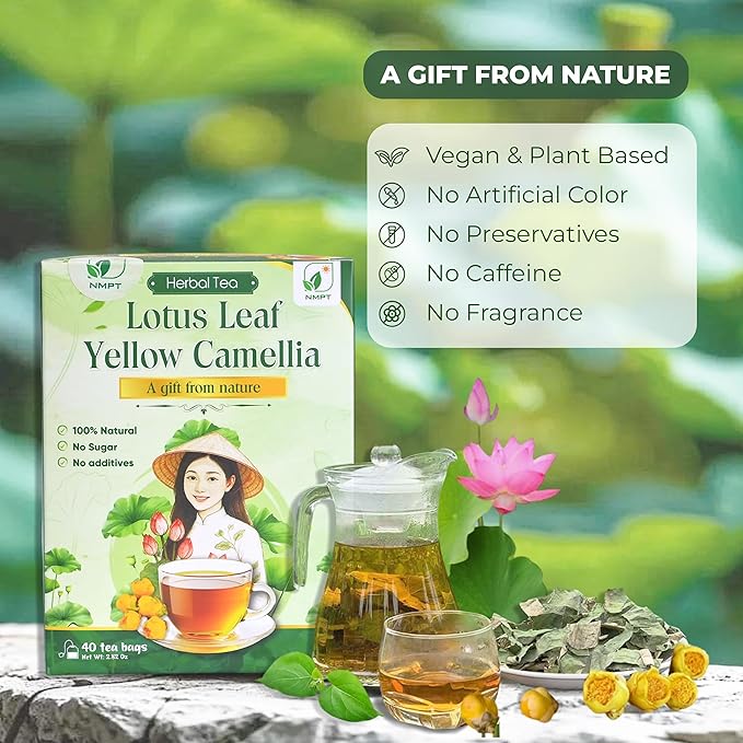 Nmpt Dried Lotus Leaf Yellow Camellia Tea, Handpicked, Organic Herbal Tea, 40 Sachets, Cold-Dried, Gluten-Free, No Added Sugar, Mild Sweet Flavor