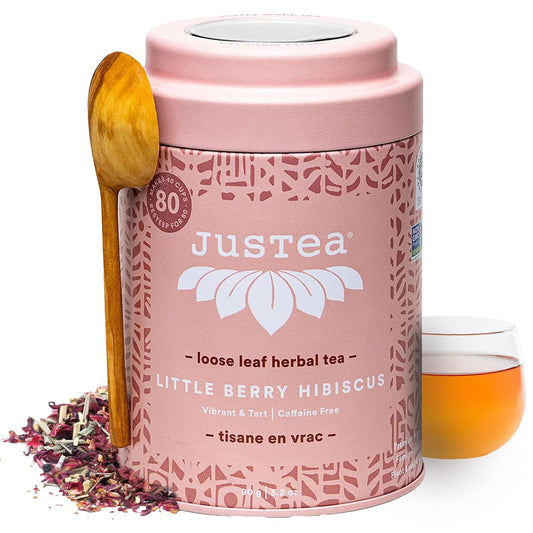 JusTea LITTLE BERRY HIBISCUS Loose Leaf Herbal Tea, 40+ Cups Tin with Spoon | Fair-Trade LITTLE BERRY HIBISCUS Loose Leaf Herbal Tea. 90g/3.2oz Tin with a Hand-Carved Tea Spoon. Caffeine-Free. Organic.