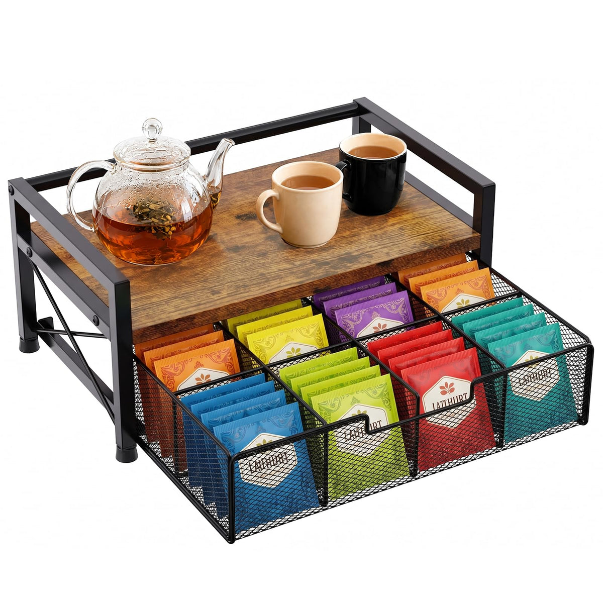 ZssHappy Tea Bag Organizer, Tea Organizers and Storage with 8 Compartments & Drawer, Wooden Metal Tea Bag Holder for