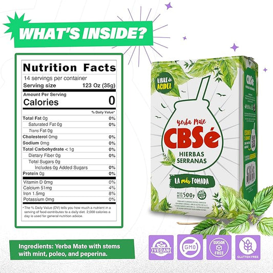 CBSé Yerba Mate Hierbas Serranas – 500 g (1.1 lb) Loose Leaf Yerba Mate Tea with Mountain Herbs, Naturally Caffeinated, Gluten-Free.