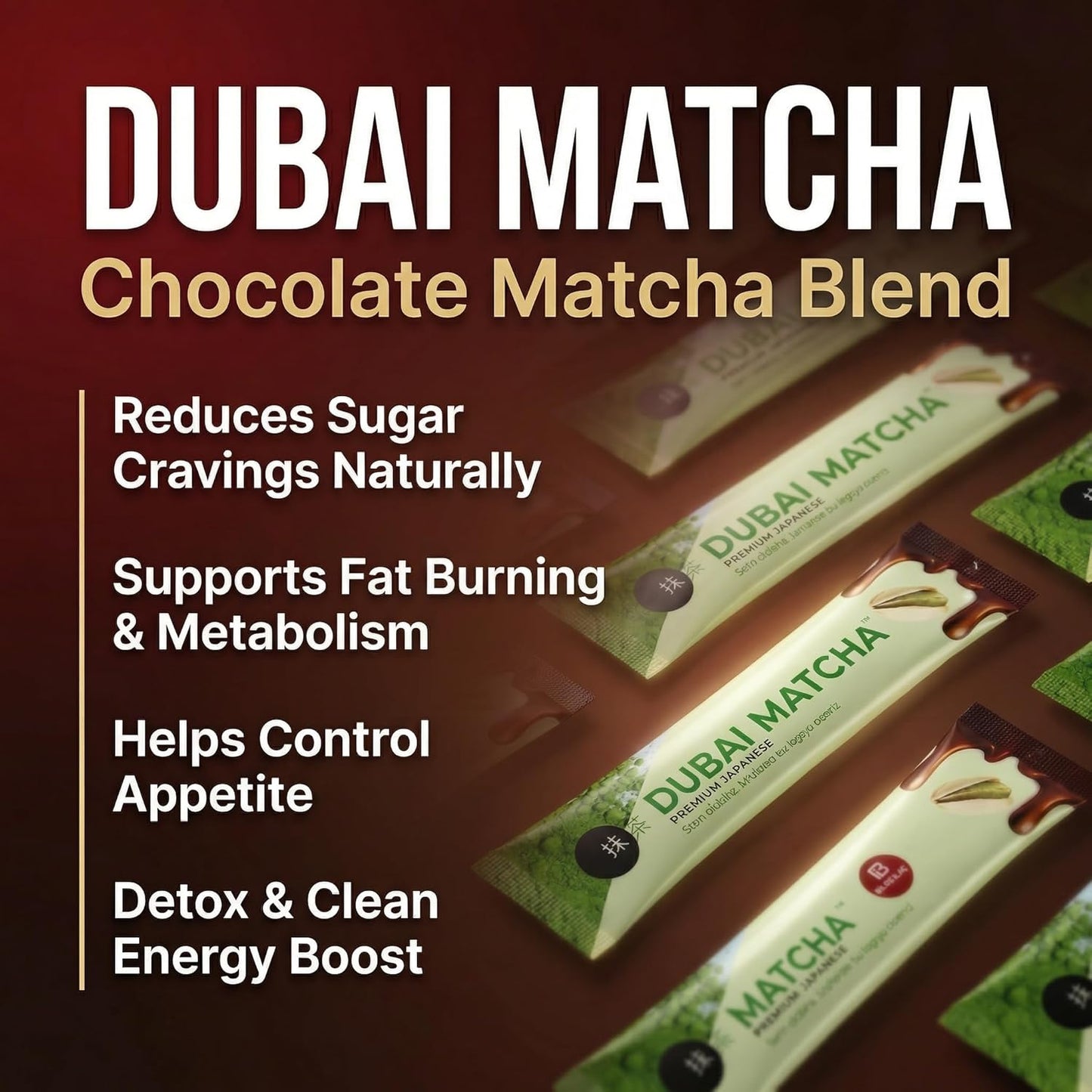 Premium Japanese Matcha Dubai Chocolate Powder - 10 Pack Matcha Green Tea with Cocoa & Pistachio - Rich, Smooth & Satisfying Taste Balanced Instant Drink Mix - 8g Single Serve Packs (Total 2.82 oz)