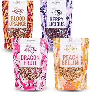 Katy’s Loose Leaf Tea Flavor Sampler - Fruit Herbal Tea Variety Pack - Berry, Peach, Blood Orange & Dragonfruit - Caffeine-Free, Full Leaf Tea - Cold Brew or Hot - 120+ Cups