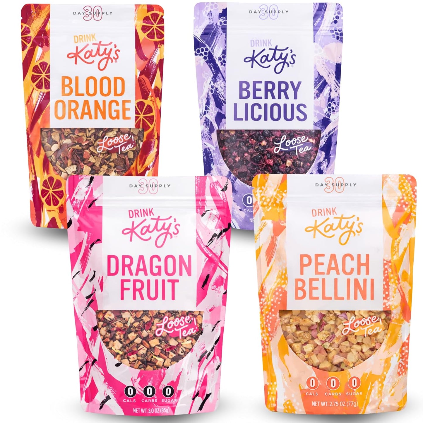 Katy’s Loose Leaf Tea Flavor Sampler - Fruit Herbal Tea Variety Pack - Berry, Peach, Blood Orange & Dragonfruit - Caffeine-Free, Full Leaf Tea