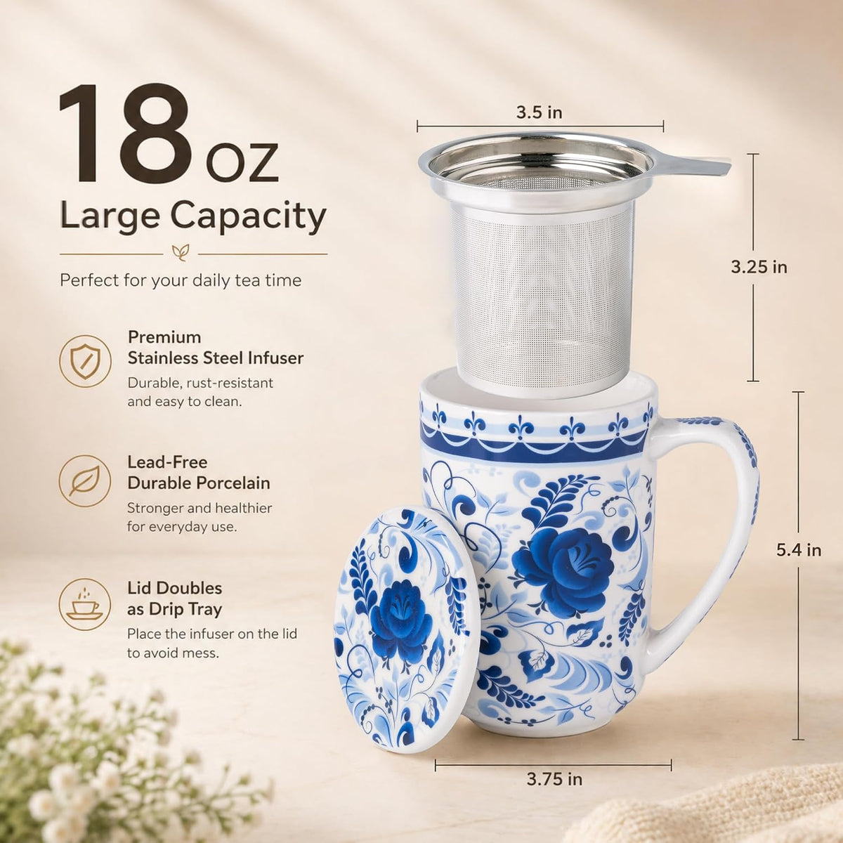 GBhome Tea Mug with Infuser and Lid,18 oz Loose Leaf Tea Cup with Steeper