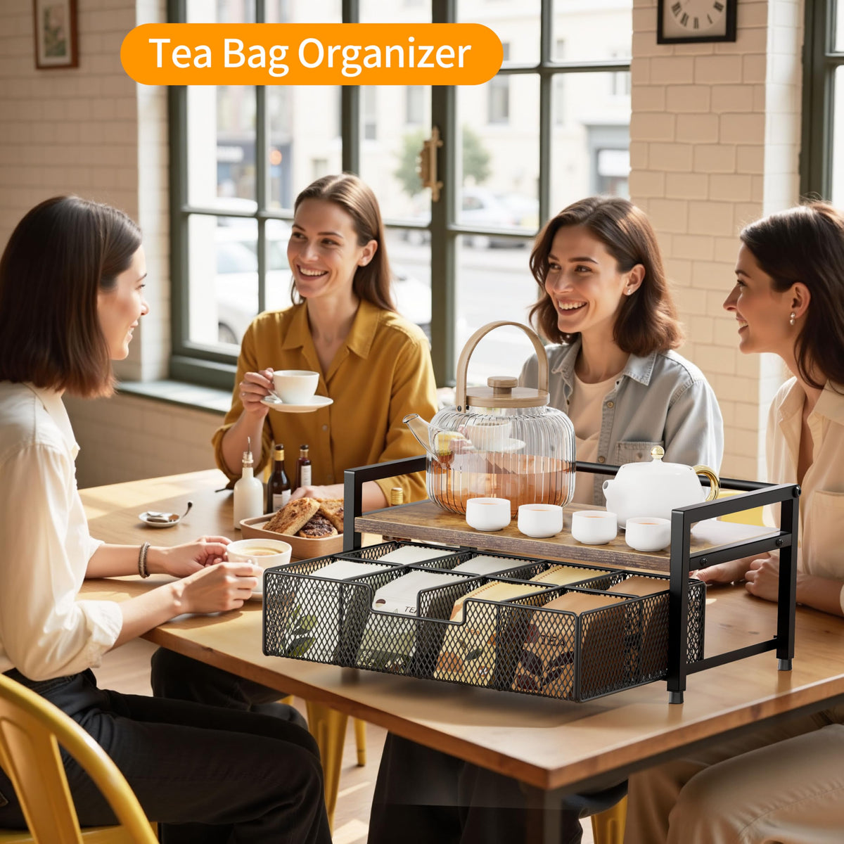 Segtenant Tea Bag Organizer, Tea Bag Holder with Drawer, Wood and Metal Tea Organizers and Storage Chest for Countertop