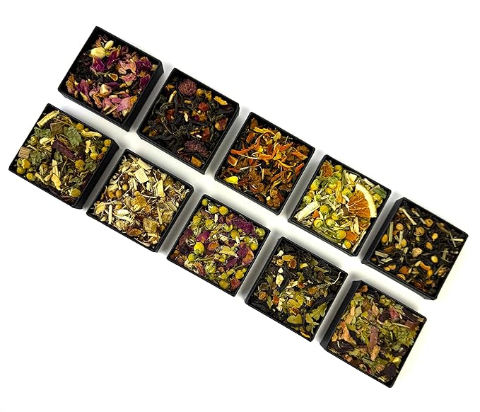 Pure And Easy Tea, Premium Loose Leaf Tea Sampler Set, 30-Count Variety Pack with 10 Herbal & Caffeinated Flavors, Natural Wellness & Luxury Tea in Designer Gift Box, 150g