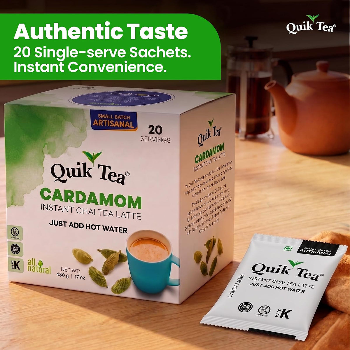 QuikTea Instant Chai Tea Latte Mix, Cardamom, 20 Sachets