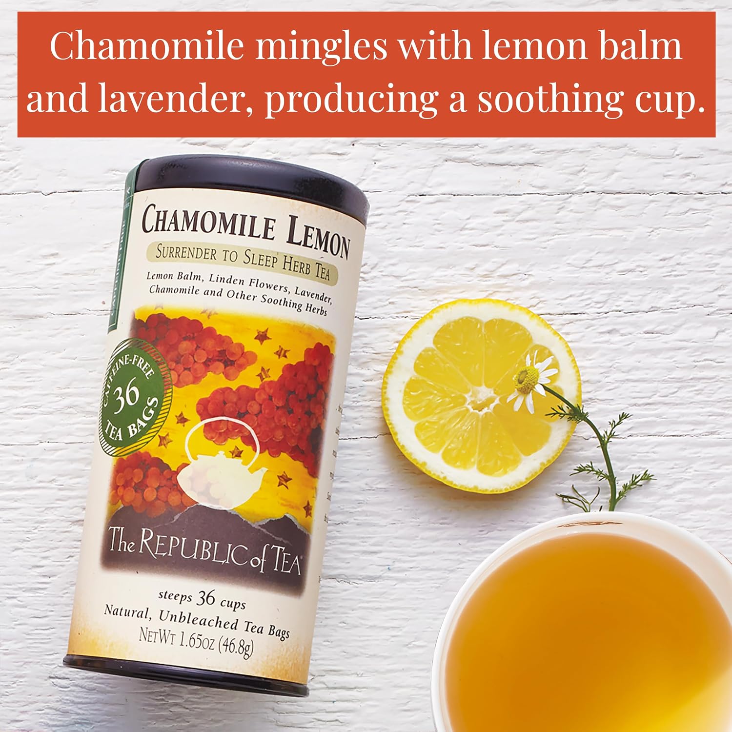 The Republic of Tea Chamomile Lemon Herbal Tea, Caffeine Free, 36 Count | Suitable for day or evening . Smooth and aroma