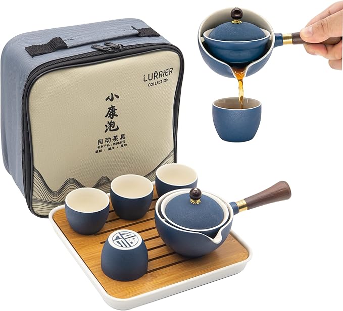 LURRIER Porcelain Chinese Gongfu Tea Set,Portable Teapot Set with 360 Rotation Tea maker and Infuser