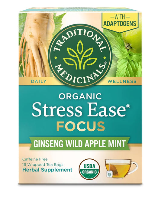 Traditional Medicinals Organic, Stress Ease Focus, Ginseng Wild Apple Mint Tea - Balanced Energy Support & Adaptogens - Kosher, Non-GMO