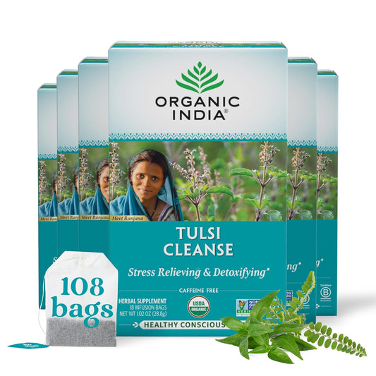 Organic India Tulsi Cleanse Detox Tea - Holy Basil, Ginger, Turmeric, Herbal Tea, Stress Relieving &amp; Cleansing, Immune Support, Adaptogen, Organic, Non-GMO, Caffeine-Free - 18 Infusion Bags, 6 Pack