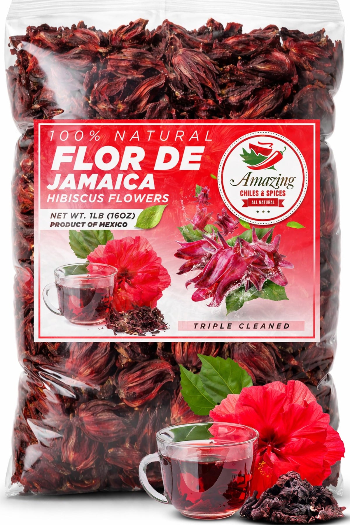 Amazing Chiles & Spices Hibiscus Flowers 1lb (16oz) – All Natural, Triple Cleaned - Whole Soft Flowers and Petals - Flor de