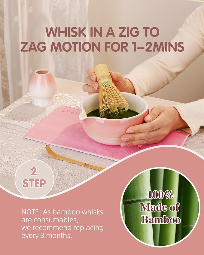 ZENS Pink Matcha Set, 6pcs Matcha Kit Includes Ceramic Bowl, Handcrafted Bamboo Whisk and Chasen Holder, Scoop, 304 Sifter & Tea Mat, Matcha Whisk Set Gift for Matcha Lovers
