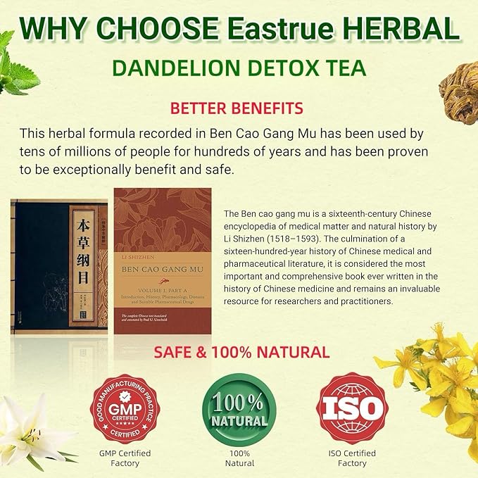 Eastrue Organic Dandelion Detox Tea,(150g/30TeaBags)-Dandelion Wolfberry Tea for Kidney & Liver Health, Caffeine Free Herbal Tea for Cleanse & Detox,Support Healthy Weight, All-Natural