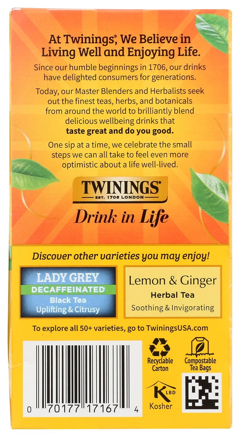 Twinings Decaffeinated Earl Grey Black Bergamot Tea Bags 20 CT Box (1 Pack) | Classic Black Tea, Light &amp; Citrusy, Without Caffeine, 20 Foil Lined Individually Wrapped Bags, Enjoy Hot or Iced