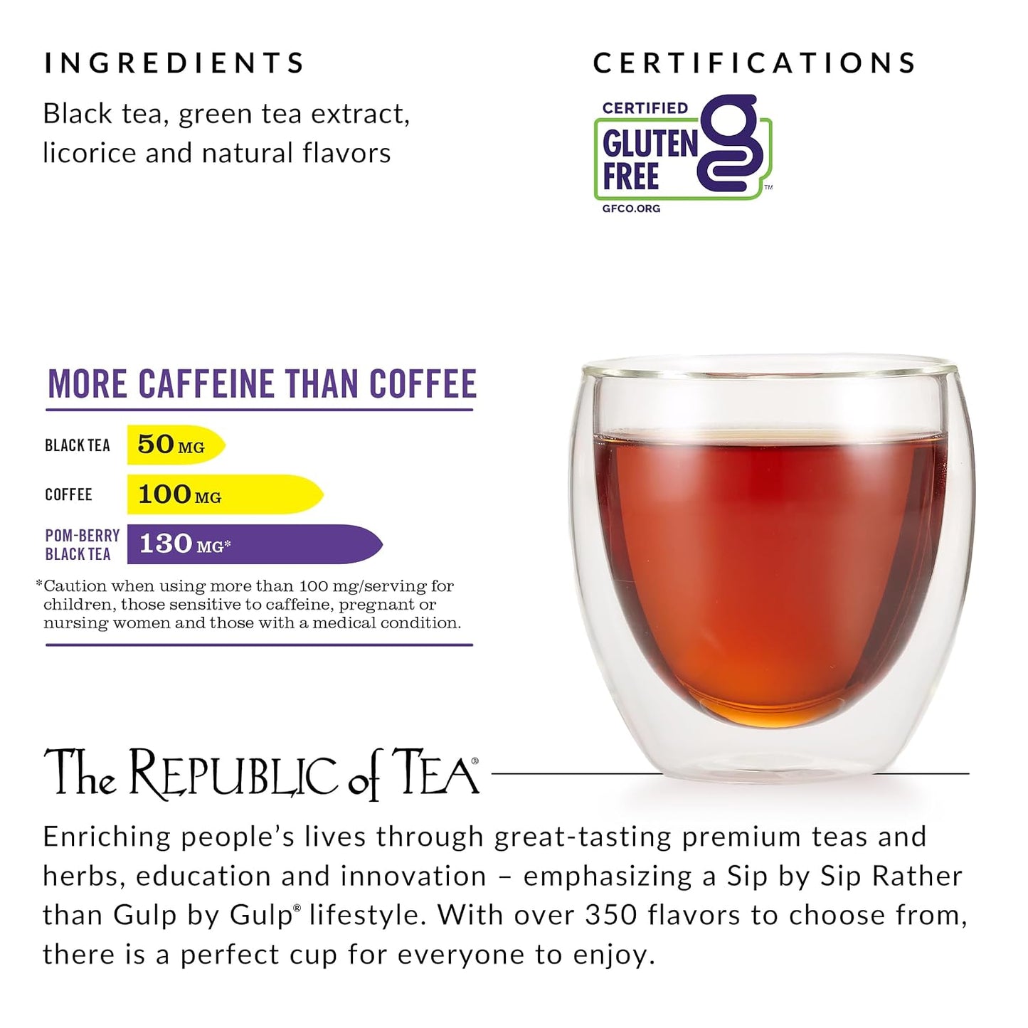 The Republic of Tea HiCAF Pom Berry Black Tea, High Caffeine, 50 Count | A bold cup for morning or afternoon. Brisk and full-bodied with notes of juicy fruit and licorice. Gluten Free &amp; Carb Free.