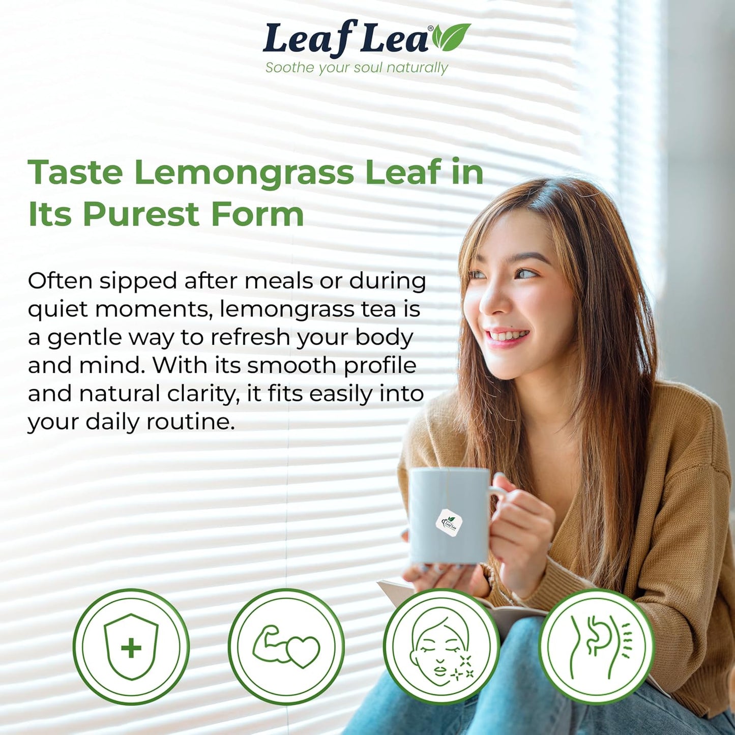 LeafLea Premium Lemongrass Herbal Tea Bags, Digestion Support, 80 Count | Natural Lemongrass Leaves, Te De Limoncillo, Light &amp; Soothing Taste, Caffeine-Free, Sugar-Free, Vegan, Individually Wrapped