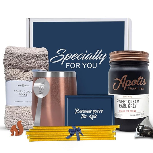 Tea Gift Set Gifts for Women Cozy Socks 15 Tea Sachets 10 Honey Straws Tea Bag Holder Strainer Spoon Greeting Card (Sweet Cream Earl Grey + Socks)