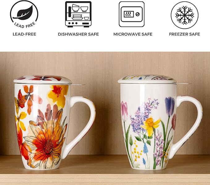 Gbhome Tea Mug with Infuser and Lid, 18 Ounce Large Ceramic Loose Leaf Cup, Microwave, Dishwasher Safe, Perfect for Tea Lovers