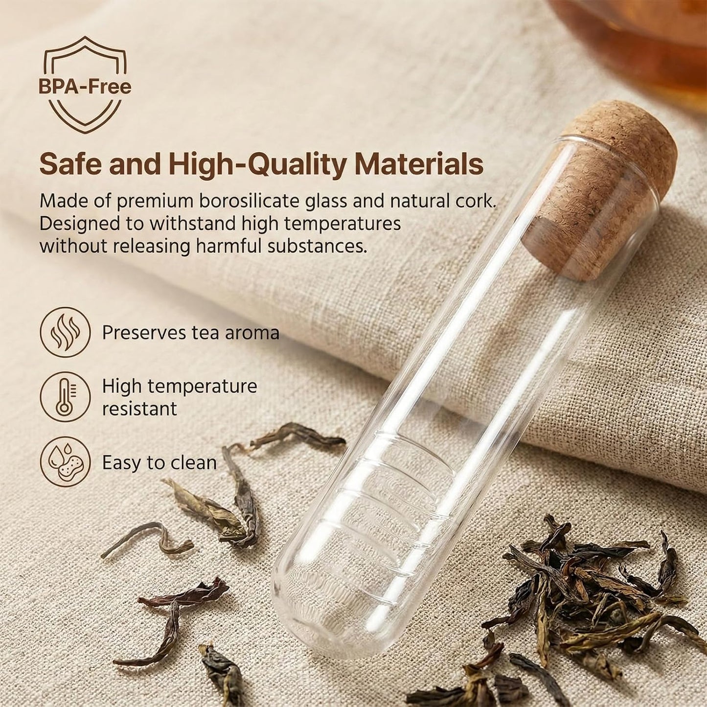 2 PCS Tea Infuser Glass Tea Strainers for Long Leaf Teas with Teaspoon TeaTongs TeaSteeper with Cork for Cup, Gift for Teas Lovers