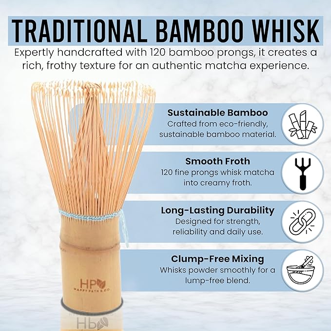 HAPPY PATH & CO Matcha Whisk Set – 6 Pcs Matcha Tea Set Includes Bamboo Whisk(Chasen) & Holder,Bowl with Spout,Sifter,Scoop & Stand | Matcha Making Kit - Perfect for Matcha Lovers(Sky Bear)